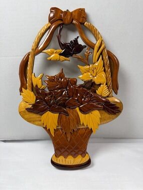 Hand Carved Wood Floral Basket Wall Plaque Bow Vintage Decor New Old Stock